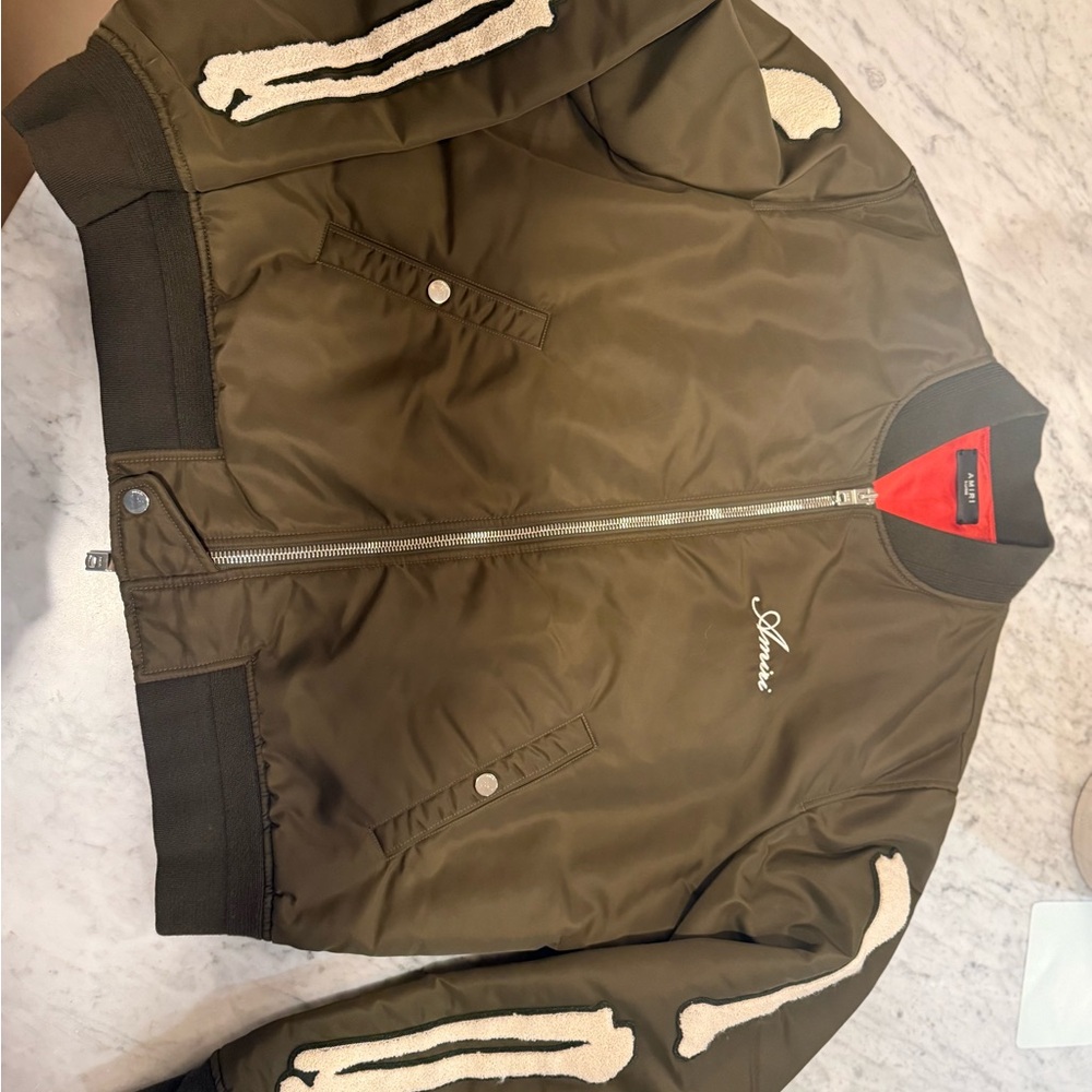 AMIRI Olive Green Bomber Jacket with Cream Appliqué
